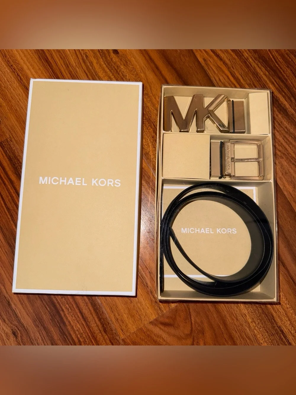 Michael Kors Black Leather Belt with Gold MK Buckle Set